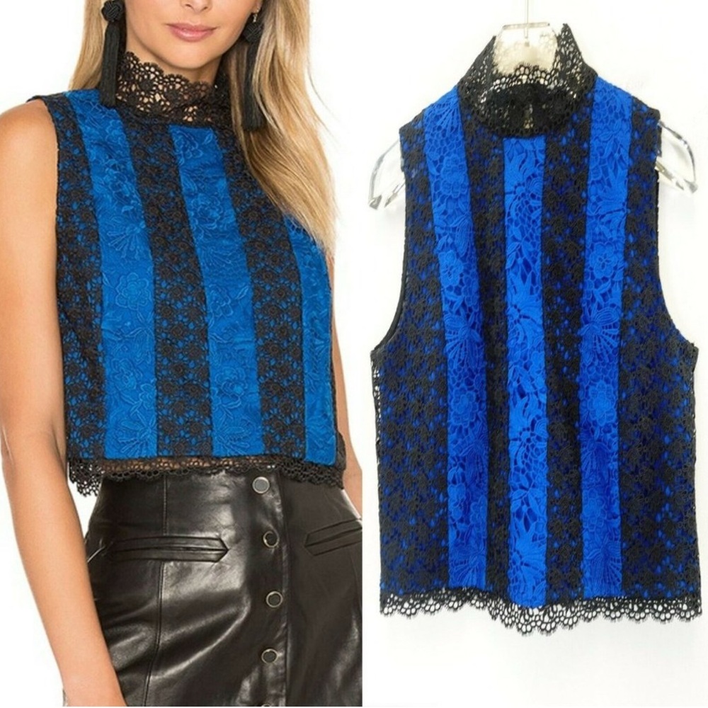 $298 DIANE VON FURSTENBERG Women Blue Black Crop Top 2 XS Floral Lace Boho Sheer